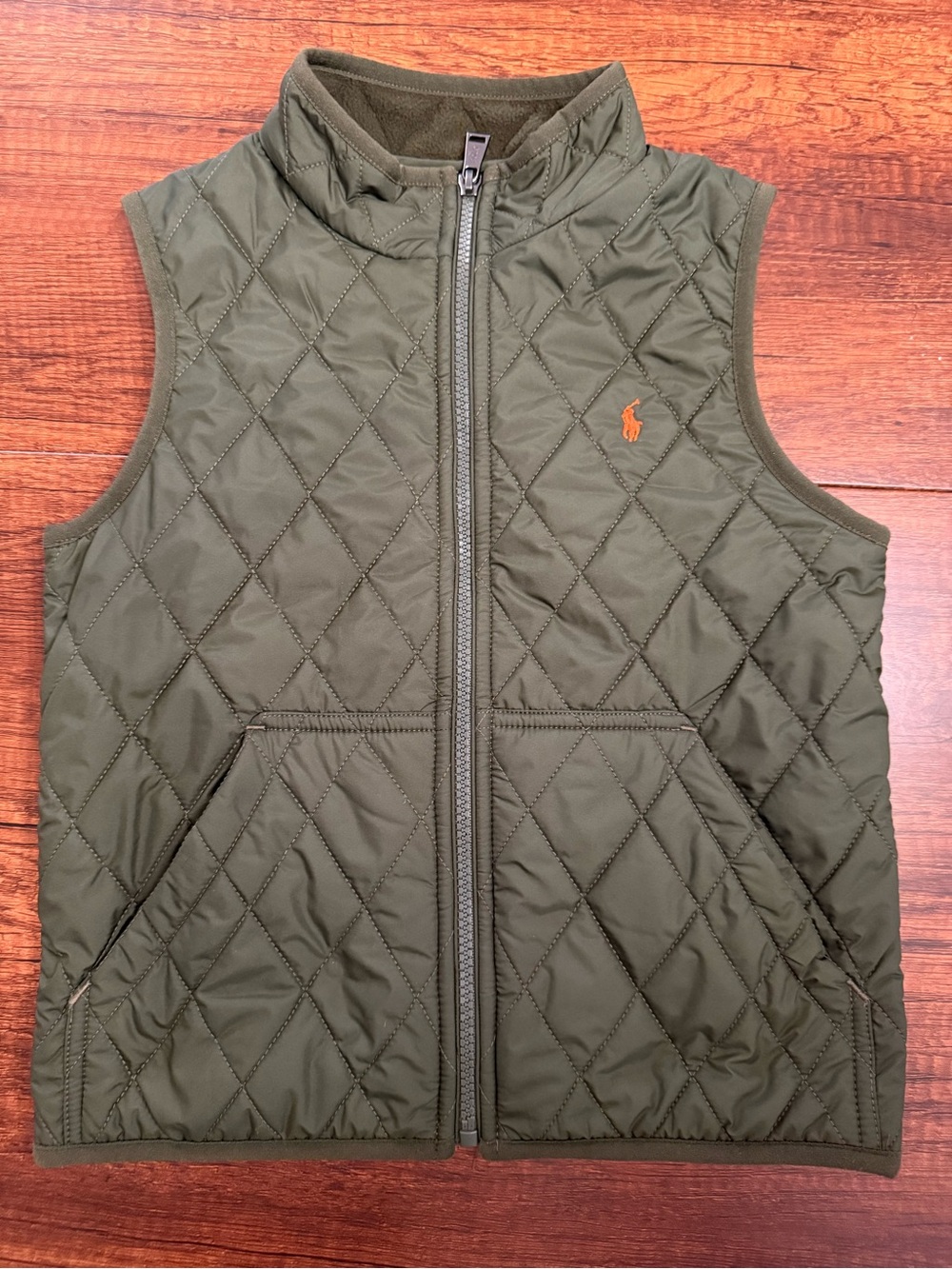 Polo by Ralph Lauren Olive Green Quilted Kids Vest with Orange Logo